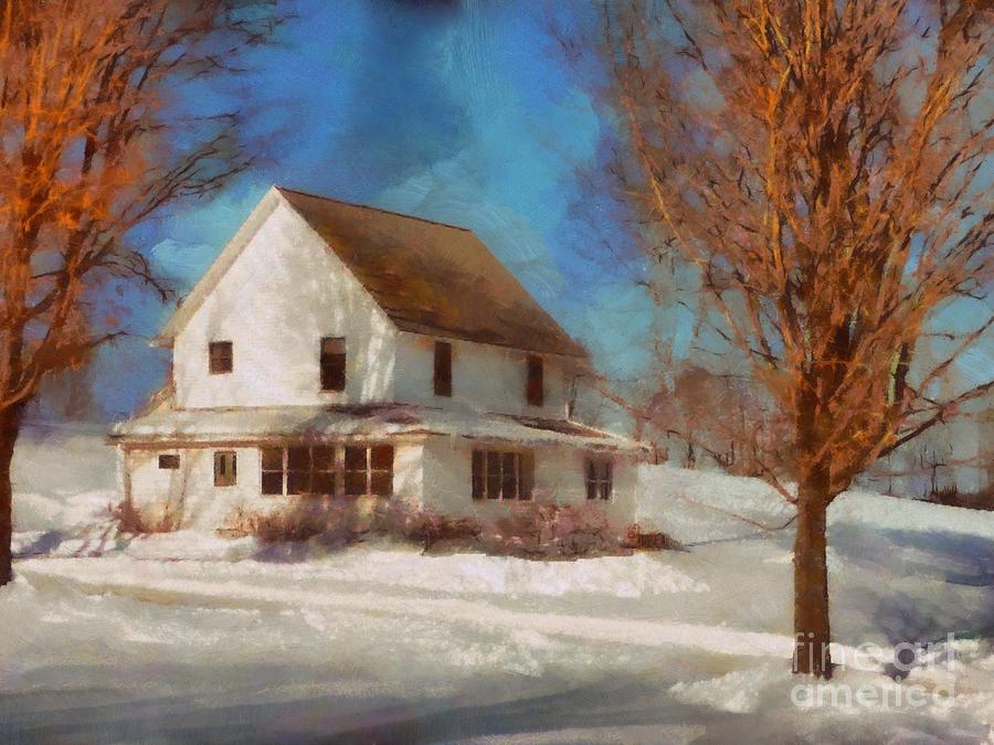 Winter Farmhouse - Skies were so Blue Photograph by Janine Riley