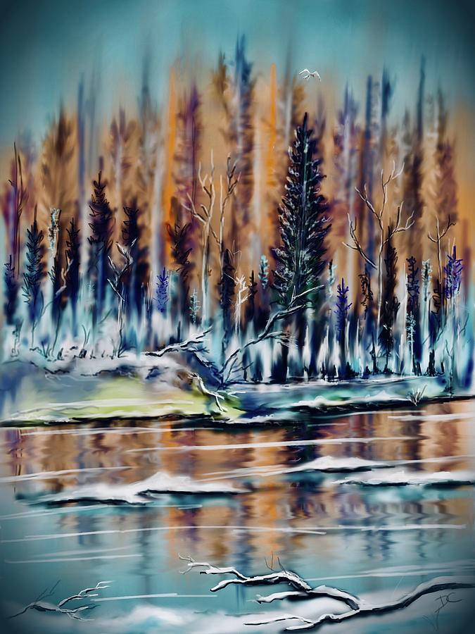 Winter forest river Digital Art by Darren Cannell