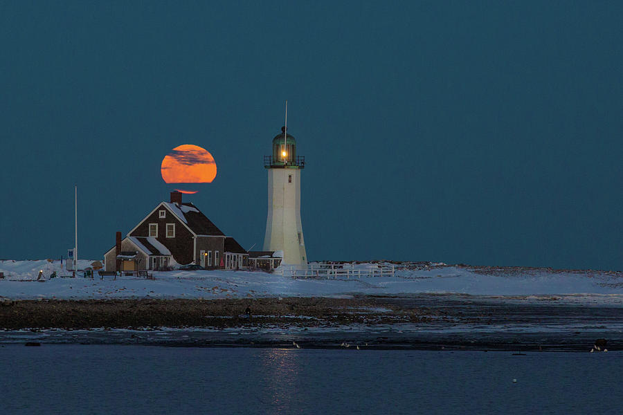 Winter Full Moon at Scituate Light Photograph by Ann-Marie Rollo