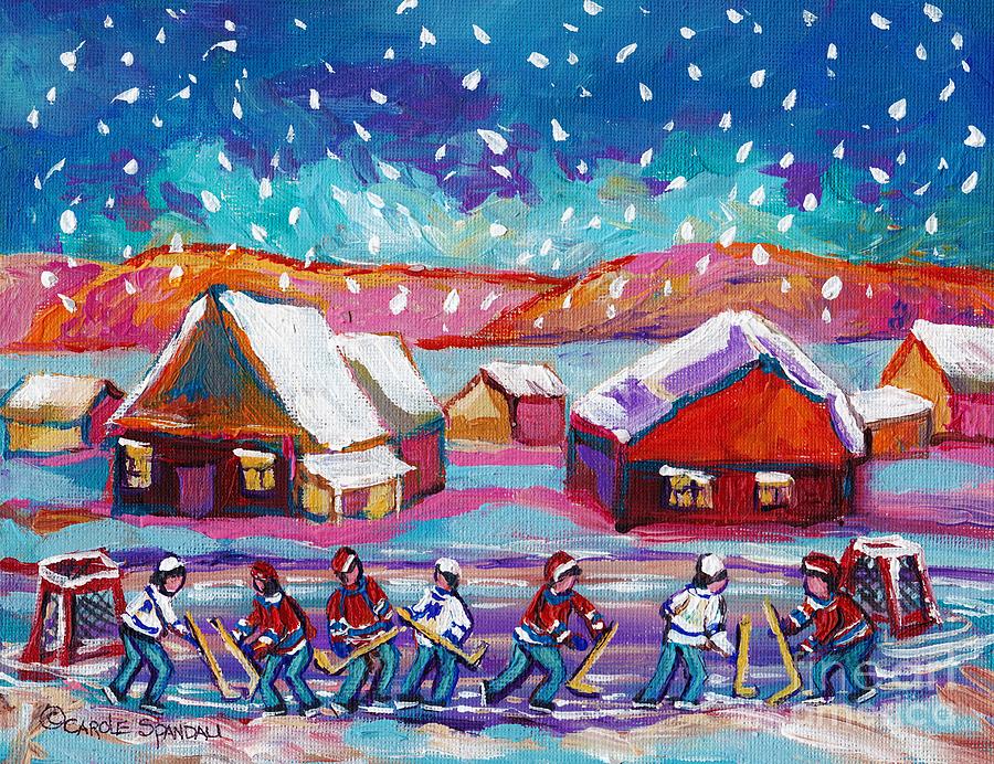 Winter Fun Kids Hockey Rink Snow Fall Laurentian Small Town Village Scene Quebec Art C Spandau Art Painting by Carole Spandau