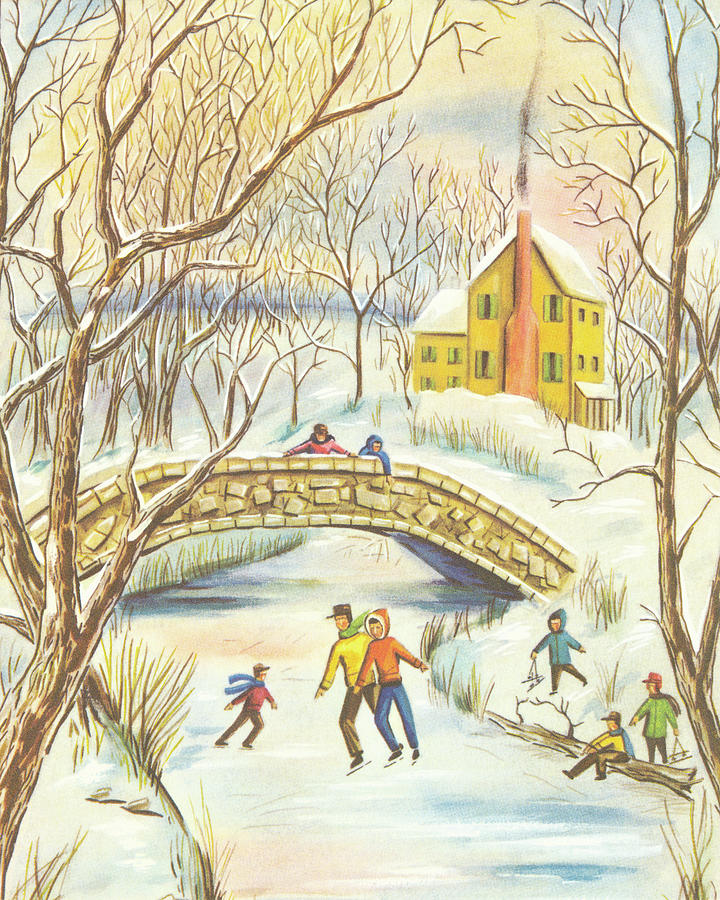 Christmas Drawing - Winter Ice Skating Scene by CSA Images