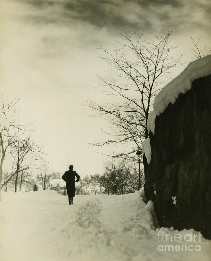 Winter In Central Park, Ny, Man Walking Through Snow, New York, Usa, C1920-38 Photograph by Irving Browning