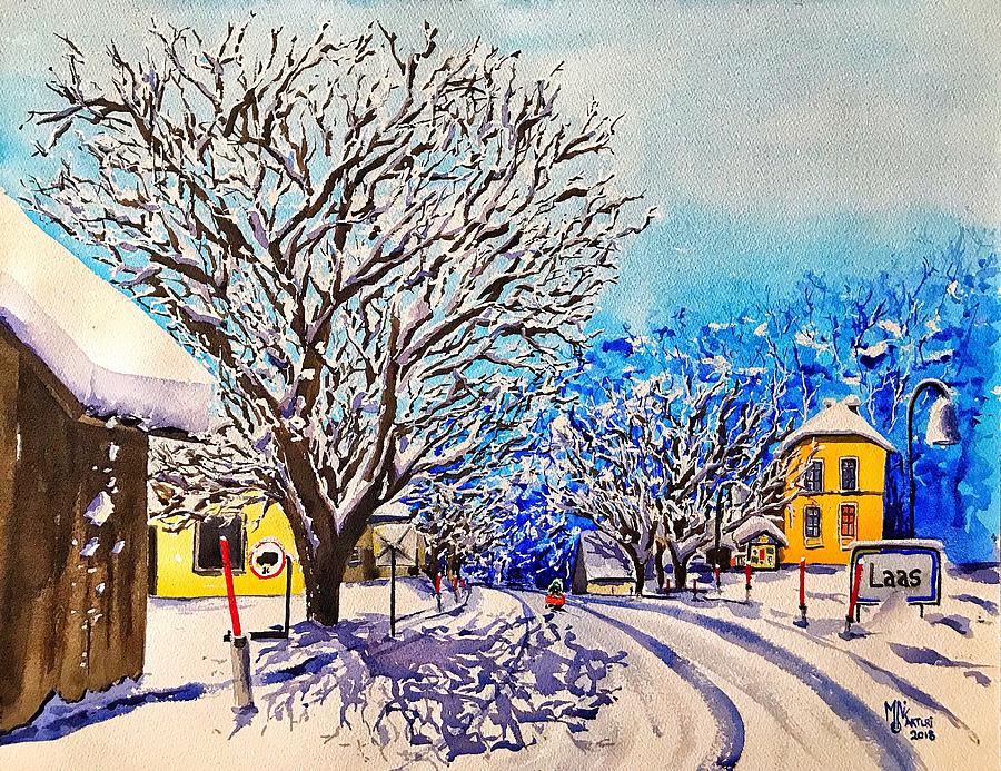 Watercolor Painting - Winter in Laas by Monika Arturi Watercolor Painting - Winter in Laas by Monika Arturi