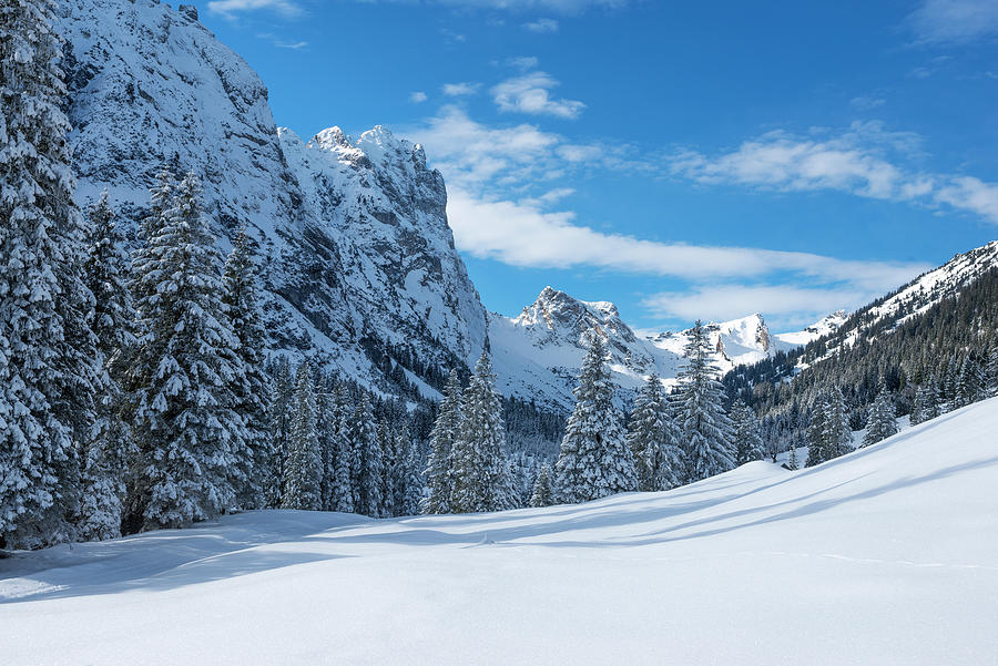 Winter In The Raintal With A View Of The Gimpel And The Fssener Joch, Tannheimer Berge, Allgu, Tyrol, Austria Photograph by Hans Georg Eiben