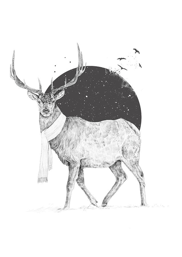 Deer Drawing - Winter is all around by Balazs Solti