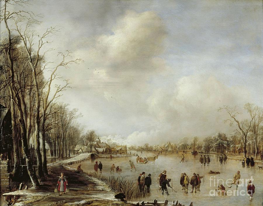 Winter Landscape, 1645 Oil On Panel Painting by Aert Van Der Neer
