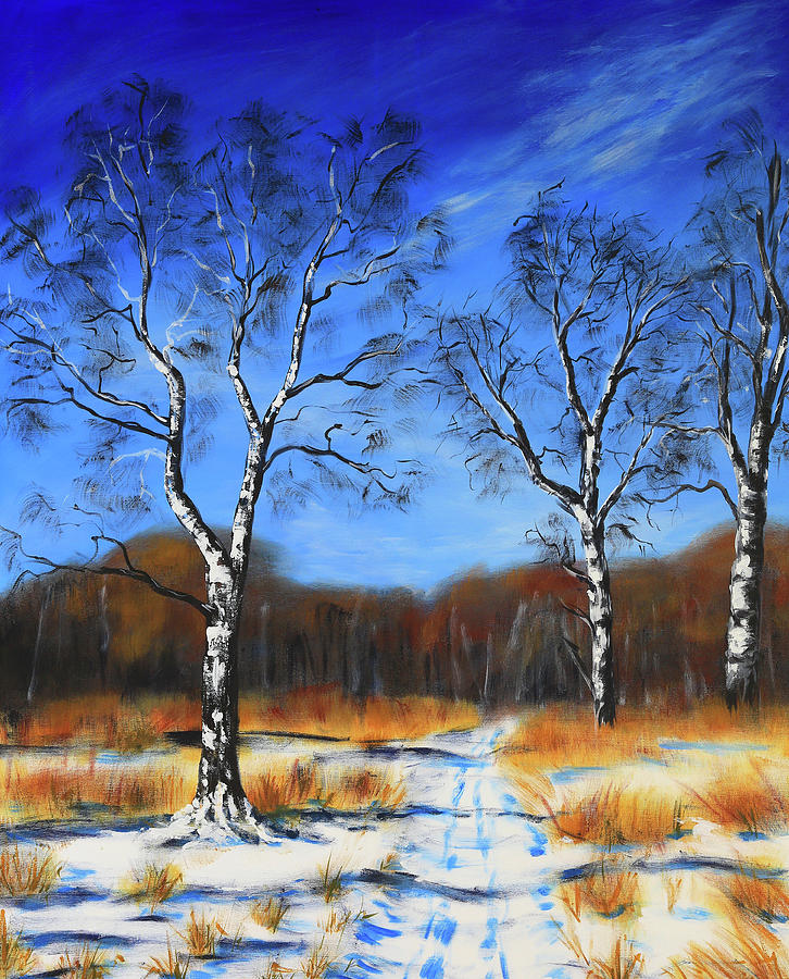Winter landscape with birch trees Painting by Karen Kaspar