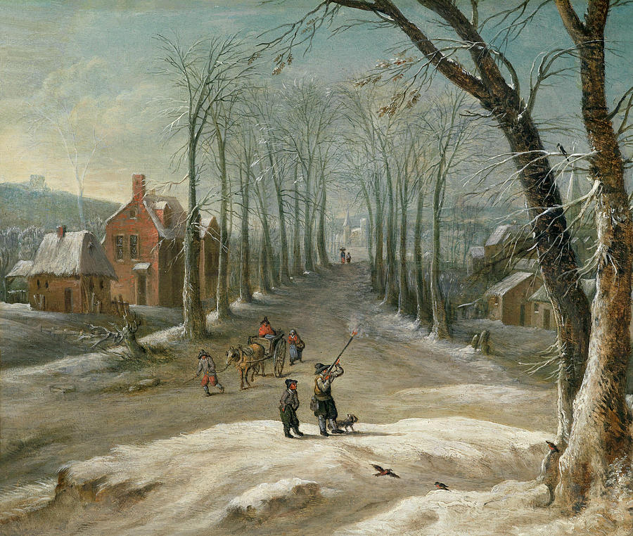 Winter Landscape with Men Fowling and Market Sellers Painting by Frans de Momper