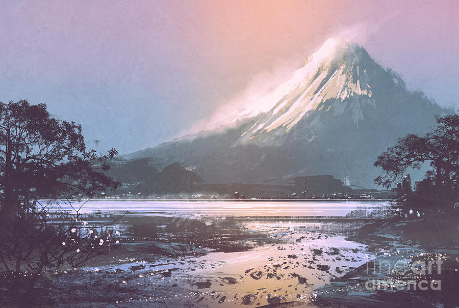 Country Digital Art - Winter Landscape With Mountain Lake by Tithi Luadthong Country Digital Art - Winter Landscape With Mountain Lake by Tithi Luadthong