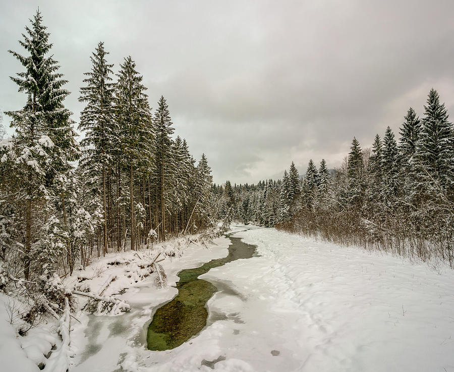 Winter Landscape With Partially Frozen River Ammer At Scheibum, Saulgrub, Upper Bavaria, Germany Photograph by Peter Siegfried Zoeller