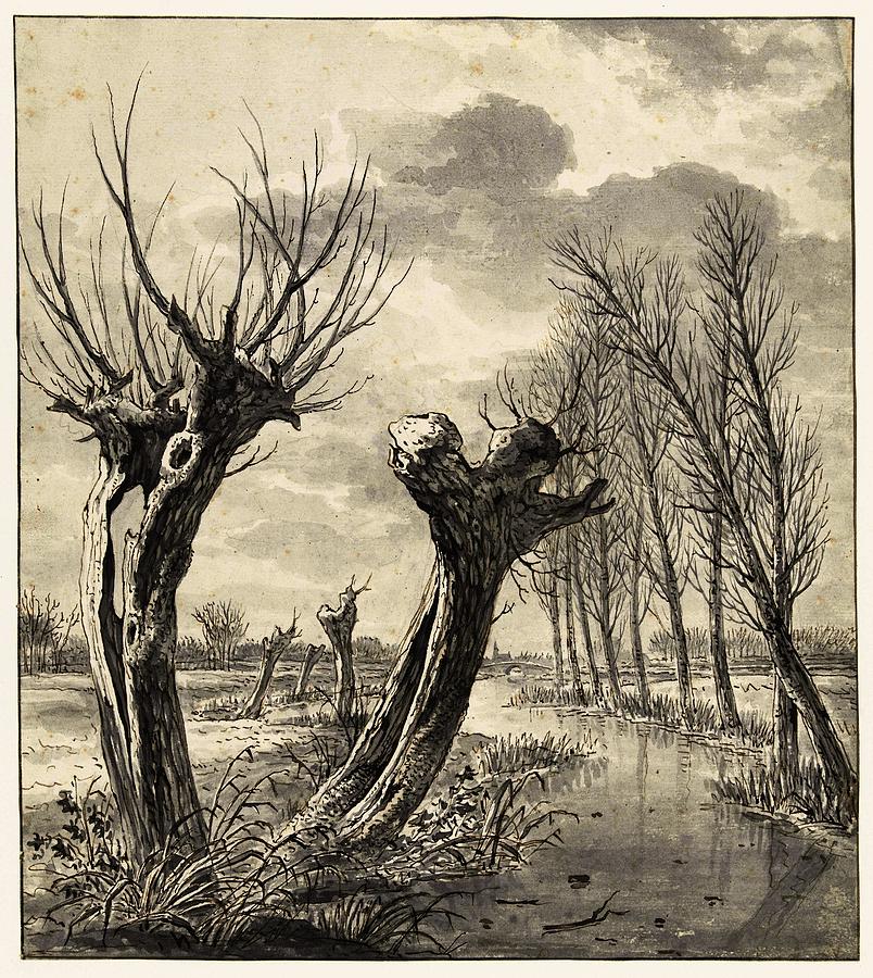 Tree Painting - Winter landscape with pollard willows along a frozen ditch. by Jacob van Strij