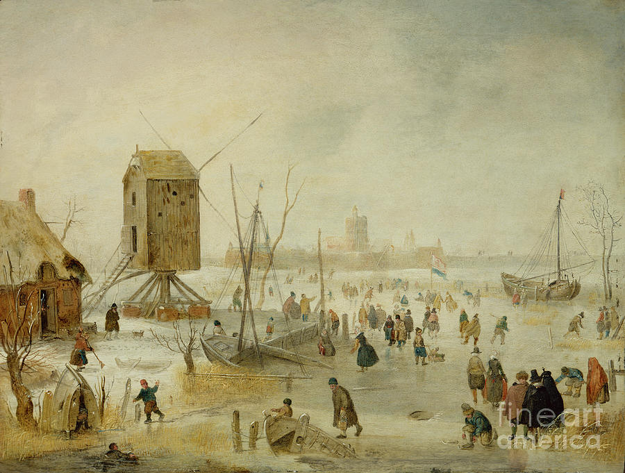 Winter Landscape With Skaters On A River By A Windmill Painting by Hendrik Avercamp