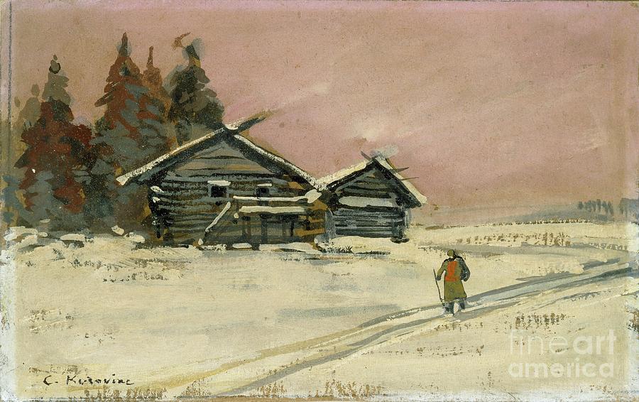 Winter Landscape With Two Wooden Huts Drawing by Heritage Images