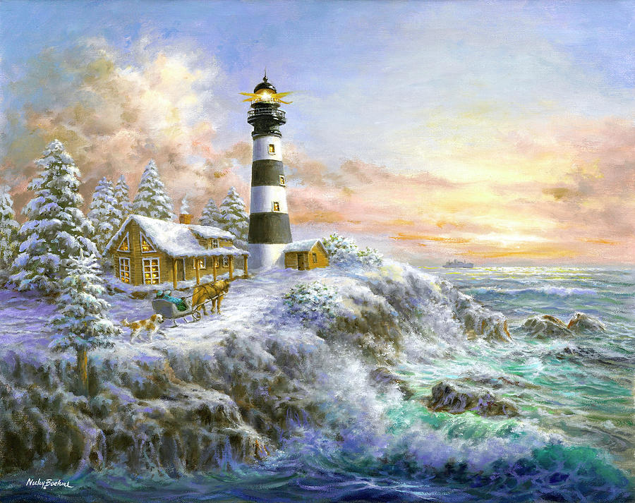 Lighthouse Painting - Winter Majesty by Nicky Boehme