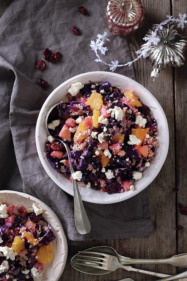 Winter Millet Salad With Red Cabbage, Orange, Feta, And Cranberries Photograph by Zita Csig