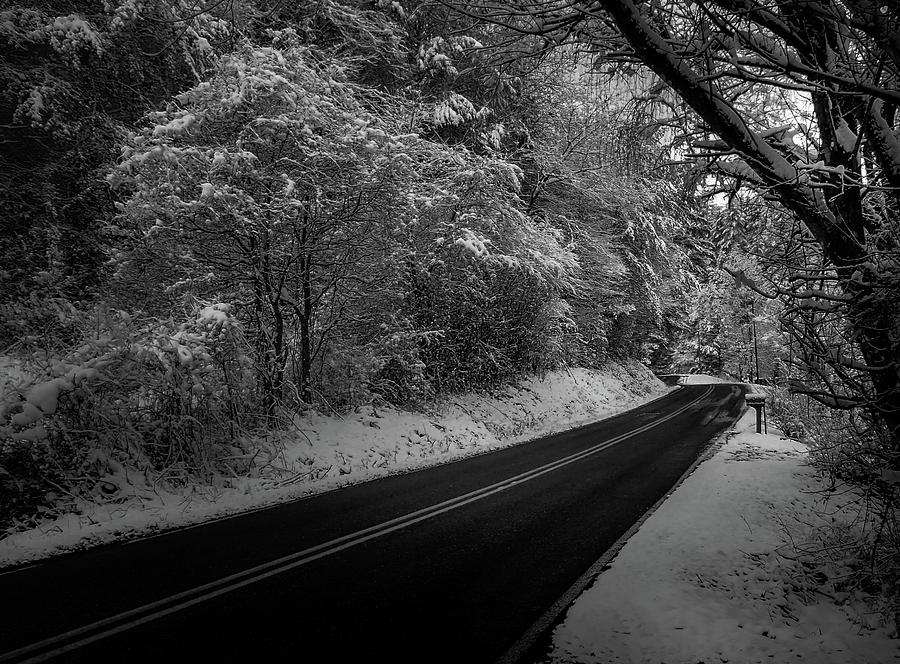 Winter On A Mountain Road In Black and White Photograph by Greg and Chrystal Mimbs