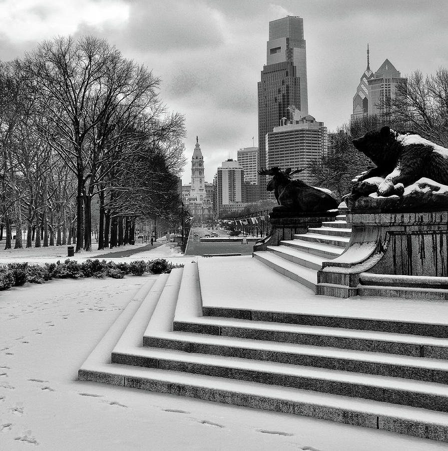 Winter on the Parkway - Philadelphia in Black and White Photograph by Bill Cannon