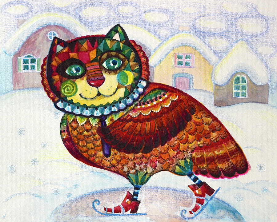 Winter Painting - Winter Owl Cat by Oxana Zaika