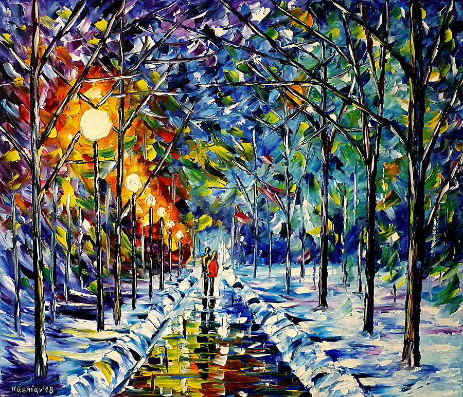 Winter Park In The Evening Painting by Mirek Kuzniar