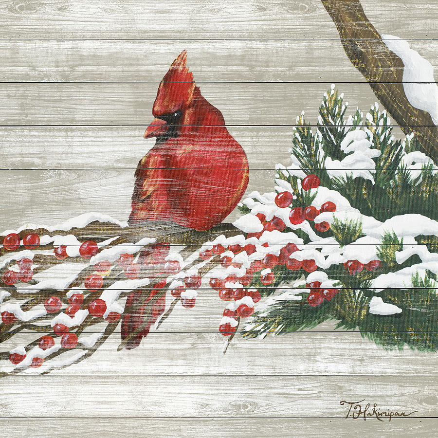 Winter Painting - Winter Red Bird On Wood I by Tiffany Hakimipour
