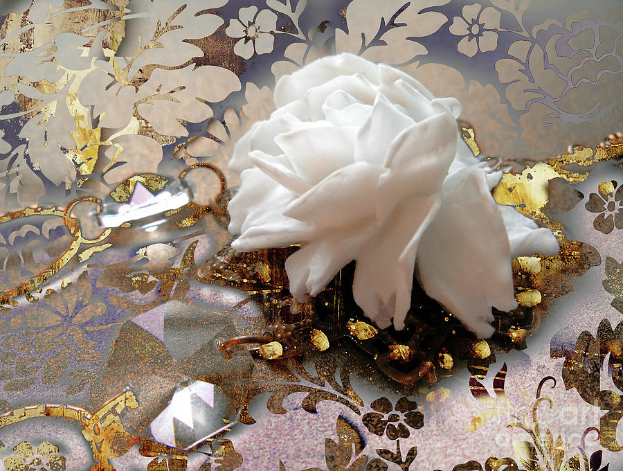 Winter Rose Painting - Winter Rose, Golden Light Jewelry Fantasy Art by Tina Lavoie