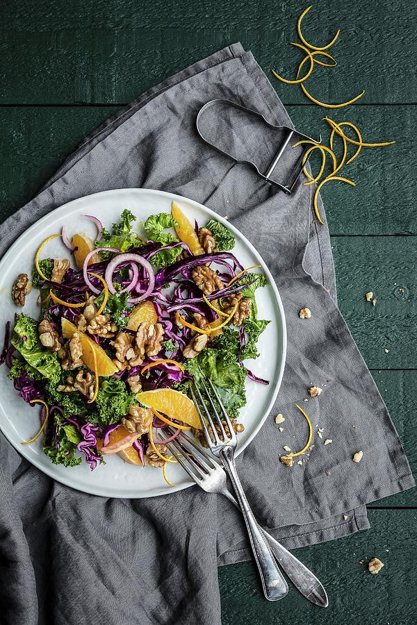 Winter Salad With Green And Red Cabbage, Oranges, Onions And Walnuts Photograph by Sarah Coghill