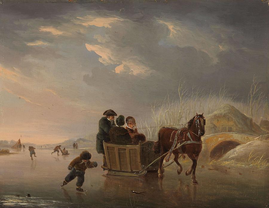 Winter Scene -Horse-Sleigh on the Ice-. Painting by Andries Vermeulen