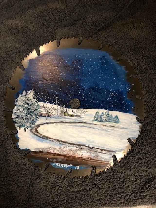 Winter Scene on Saw Blade Painting by Dave Farrow