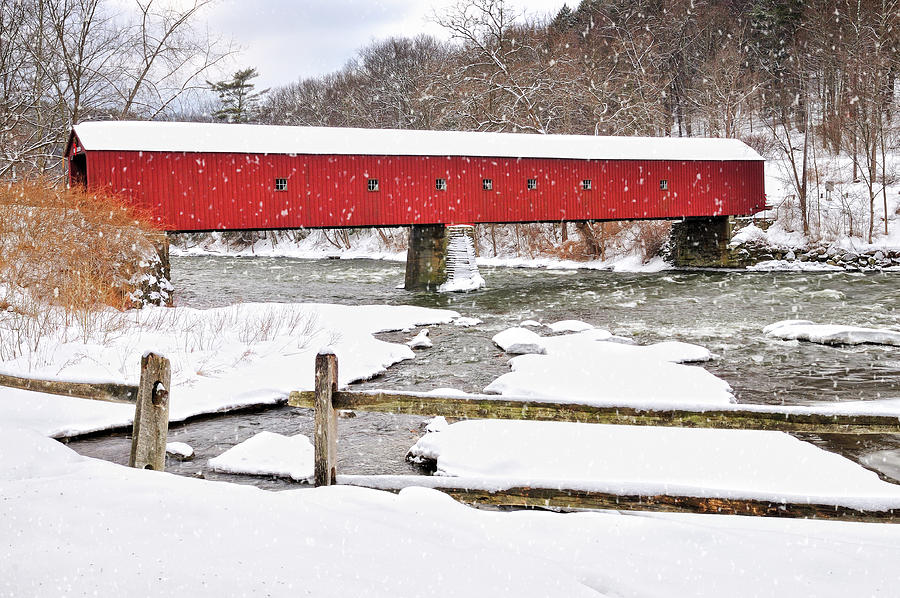 Winter Photograph - West Cornwall Covered Bridge - Winter Snowflakes by Photos by Thom