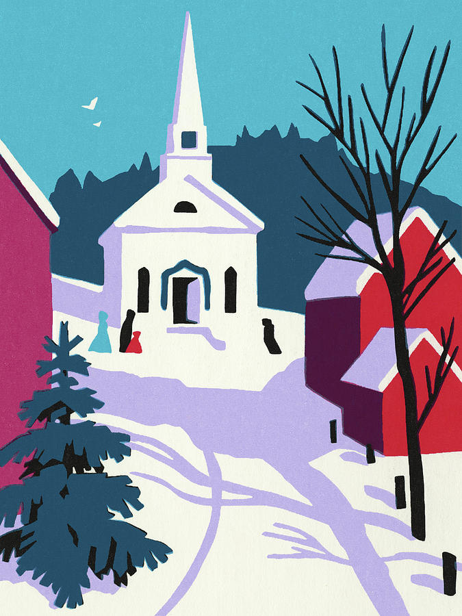 Christmas Drawing - Winter Scene With a Small Church by CSA Images