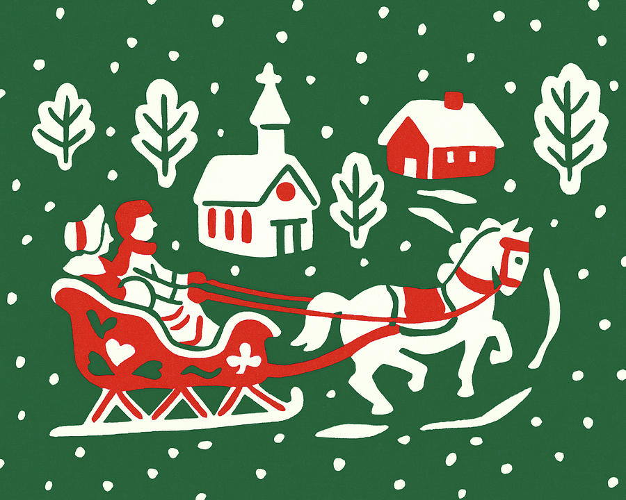 Christmas Drawing - Winter Scene With Horse-Drawn Sleigh by CSA Images