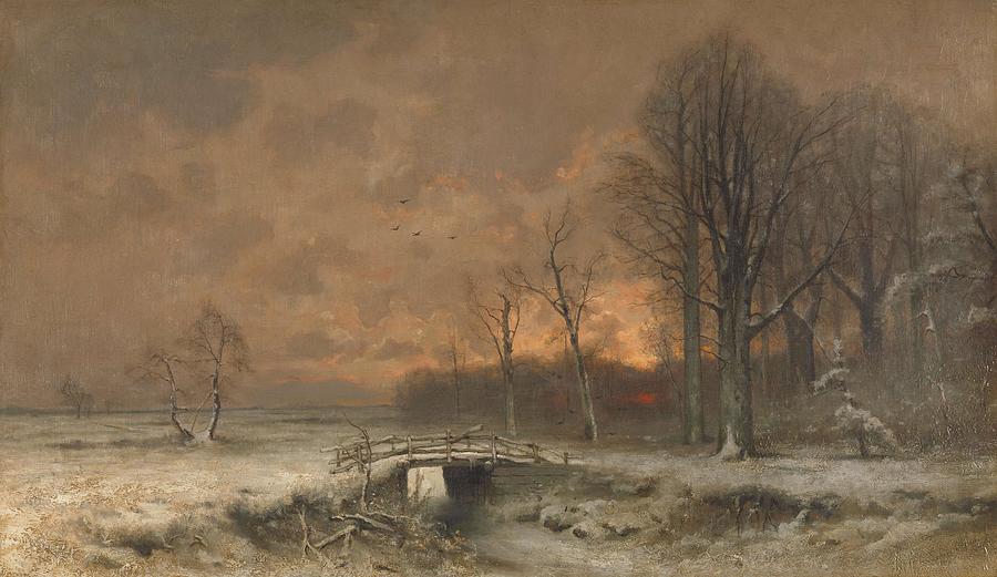 Winter Scene with the Sun Setting Behind Trees. Painting by Louis Apol -1850-1936-
