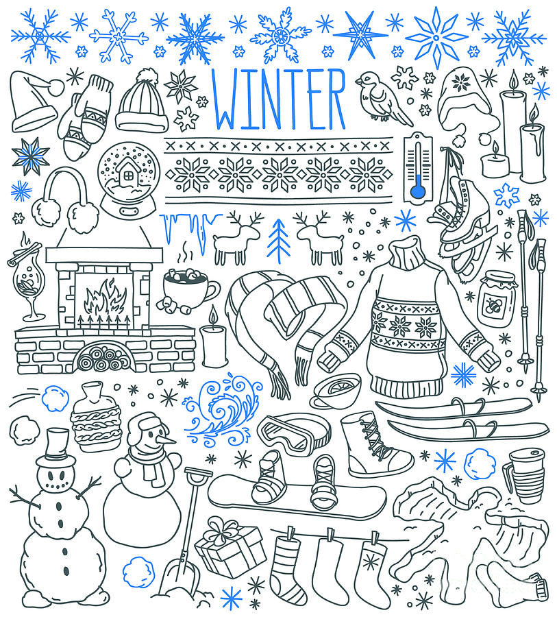 Deer Digital Art - Winter Season Themed Doodle Set - by Primiaou
