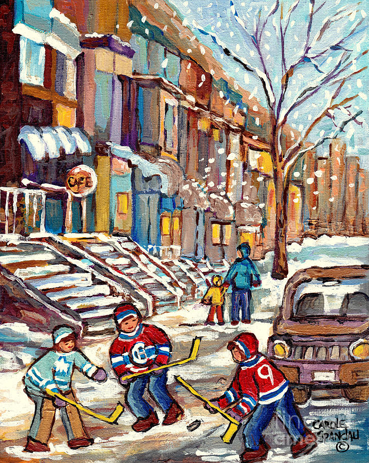 Winter Staircases Hockey Art Montreal Paintings Downtown Scenes Verdun Plateau Psc Streets C Spandau Painting by Carole Spandau