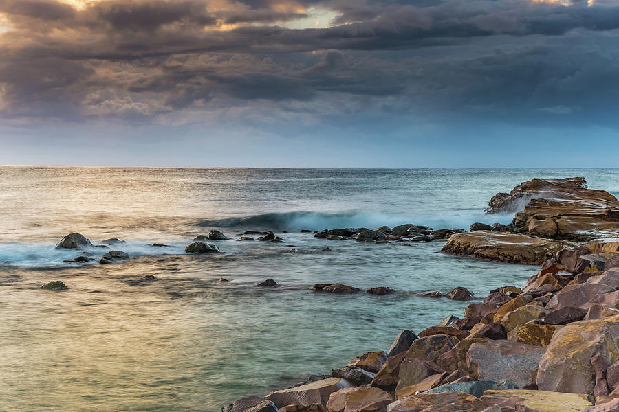 Winter Sunrise Seascape and Rockwall by Merrillie Redden Winter Sunrise Seascape and Rockwall by Merrillie Redden