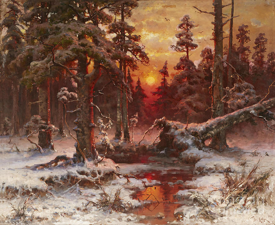 Winter Sunset In A Pine Forest Drawing by Heritage Images