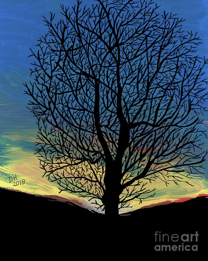 Winter Tree Sunset Painting by D Hackett