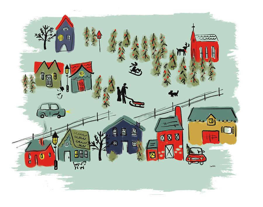 Christmas Drawing - Winter Village I Green by Leah York
