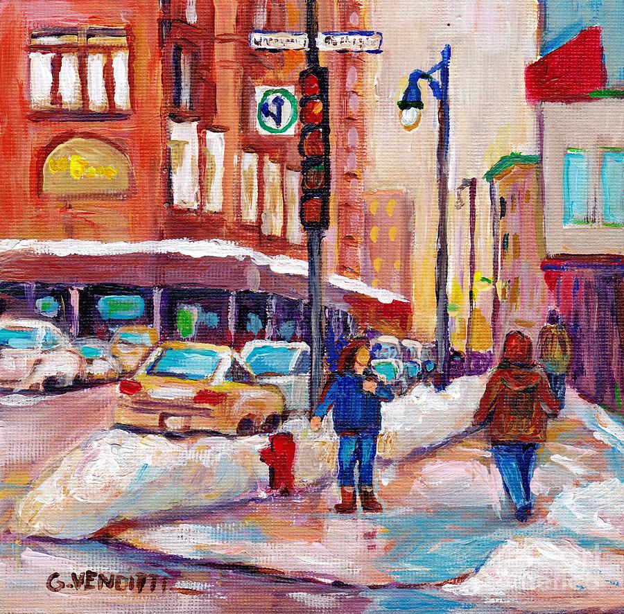 Winter Walk In Downtown Montreal Sherbrooke And University Street Scene With View Of La Baie Store Painting by Grace Venditti