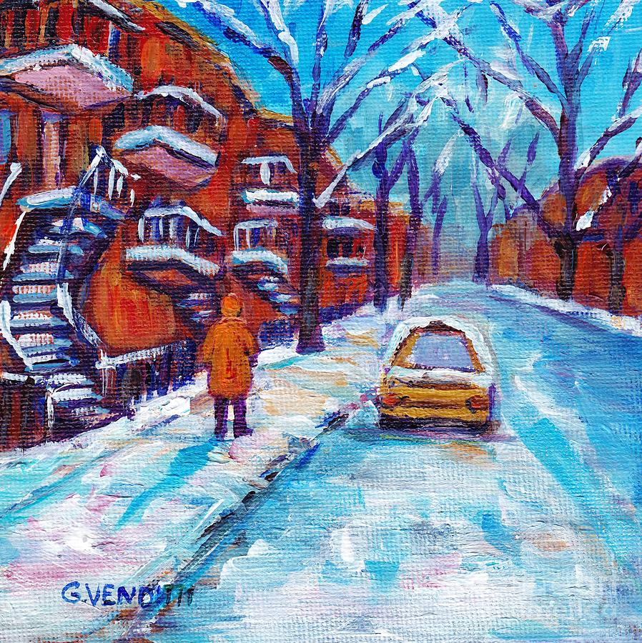 Winter Painting - Winter Walk Montreal Staircase Painting Snowy Scene Canadian Art December Snow Day Grace Venditti by Grace Venditti