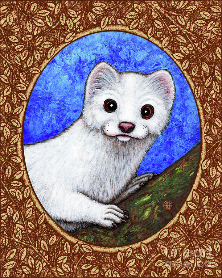 Winter Weasel Portrait - Brown Border Painting by Amy E Fraser