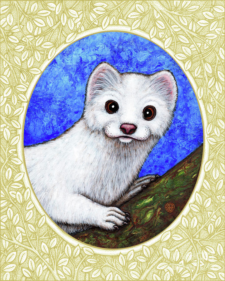 Winter Weasel Portrait - Cream Border Painting by Amy E Fraser