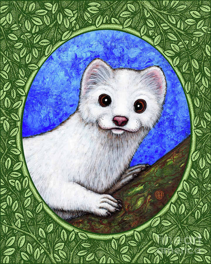 Winter Weasel Portrait - Green Border Painting by Amy E Fraser