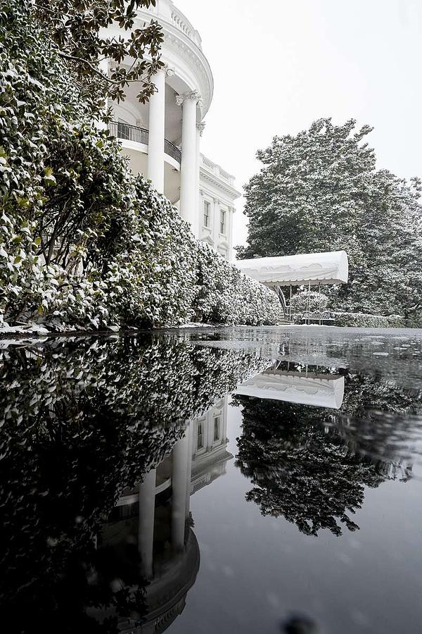 Winter Weather at the White House The South Portico of the White House is seen reflected in water al Painting by Celestial Images