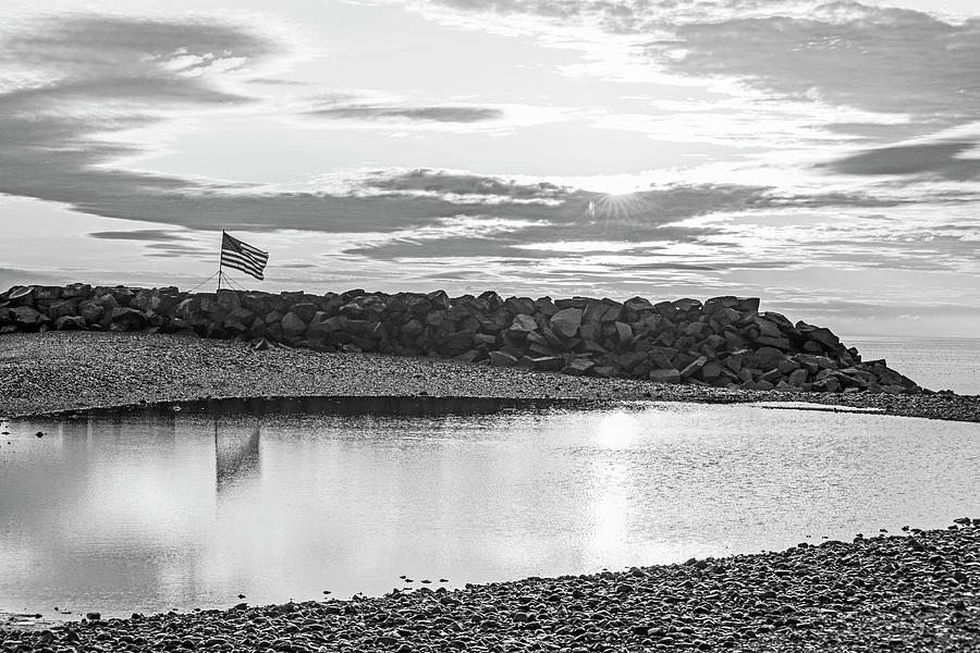 Winthrop Beach Winthrop Shore Reservation Flag Reflection Sunrise Winthrop MA Black and White Photograph by Toby McGuire