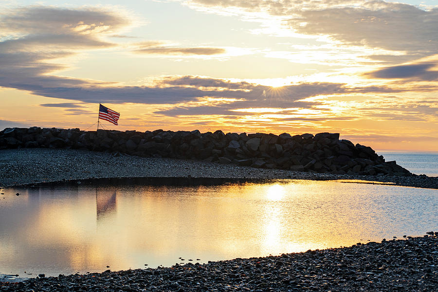Winthrop Beach Winthrop Shore Reservation Flag Reflection Sunrise Winthrop MA Photograph by Toby McGuire