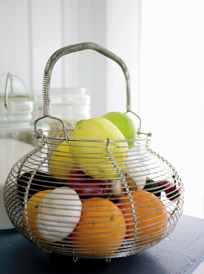 Wire Basket Of Fresh Fruit And Vegetables Photograph by Lene-k