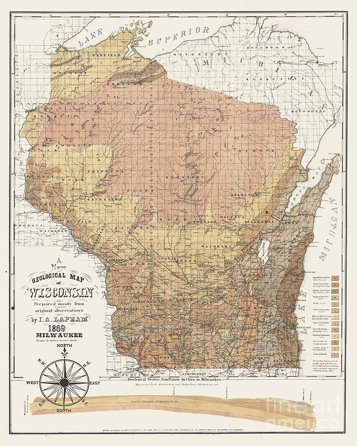 Vintage Digital Art - Wisconsin 1869 Map Brown by Jean Plout