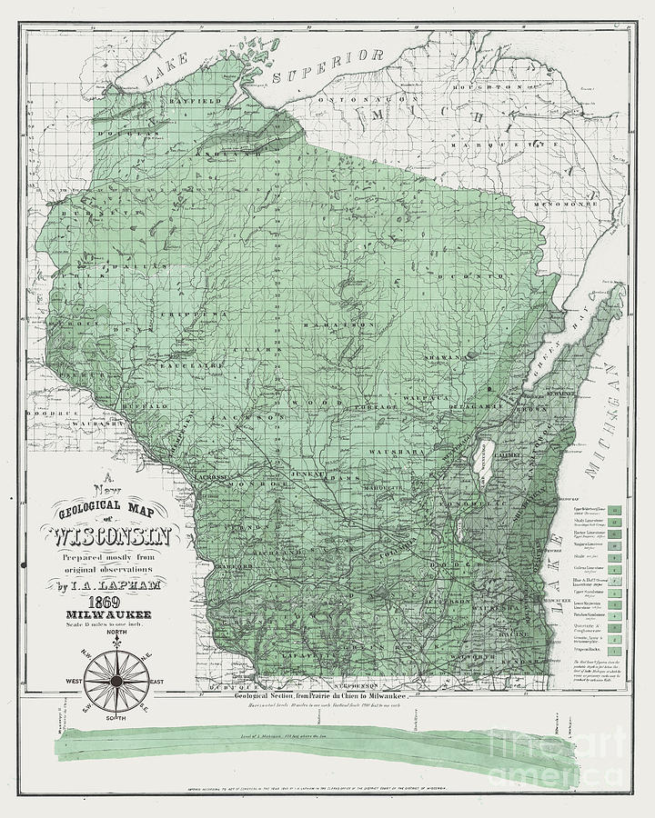 Wisconsin 1869 Map Green Painting by Jean Plout