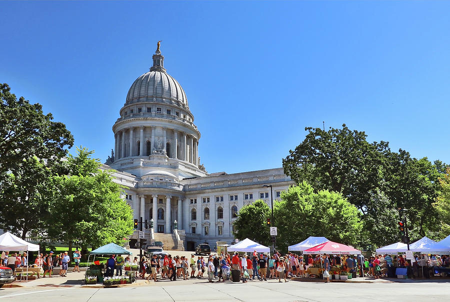 Wisconsin State Capitol building with farmers market around it